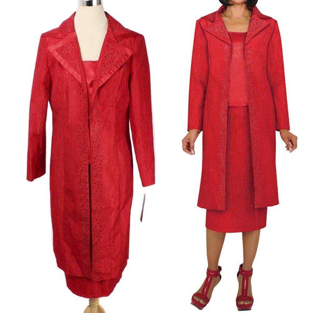G.M.I. Red Crinkle Rhinestone 3 Piece Jacket, Shell & Skirt Evening Set NWT